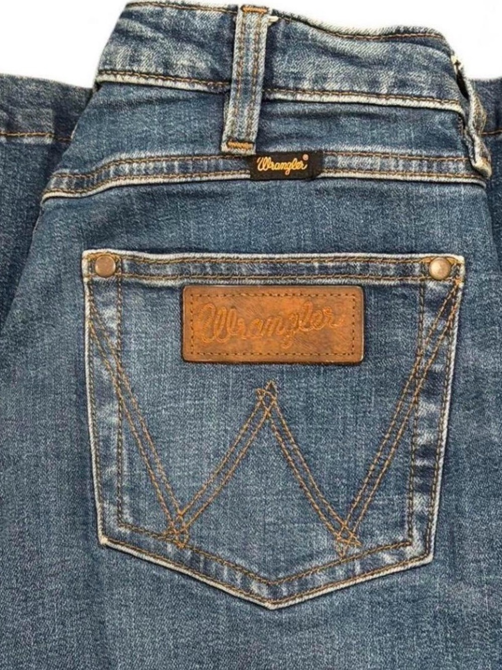 Wrangler Blue Denim Flare Jeans with Leather Logo Patch